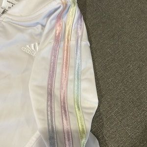 Adidas White with Fluorescent Pink Yellow adidas signature Stripes